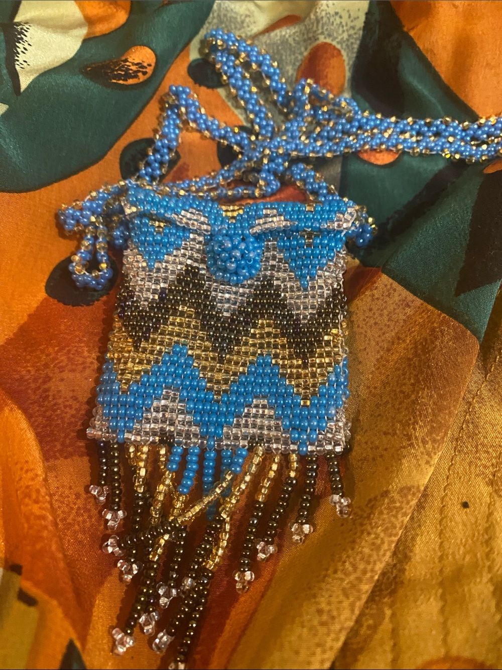 Vintage Blue & Gold Seed Bead Fringe Necklace